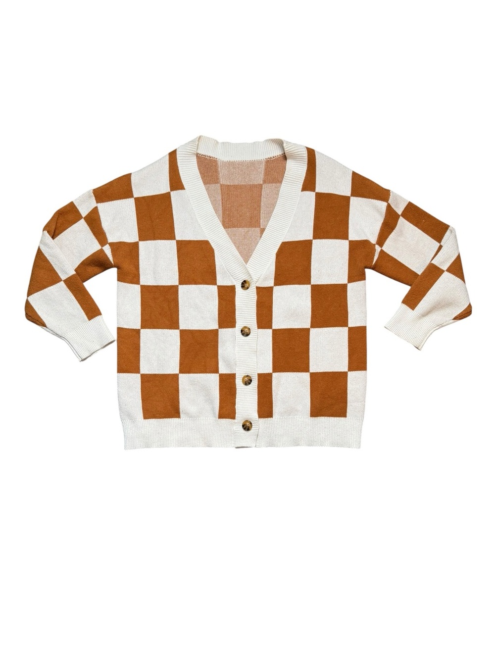 Oversized Medium Brown Cream Buffalo Plaid Knit Cardigan Sweater - Picture 2 of 11